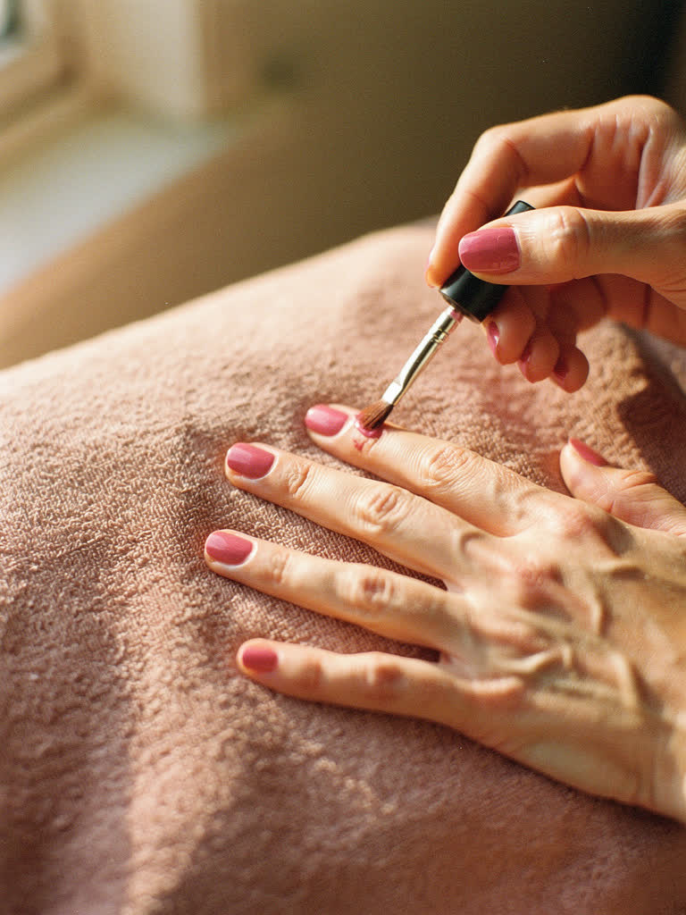 Pose d'un vernis framboise sur un ongle, mains posées sur une serviette rose poudré