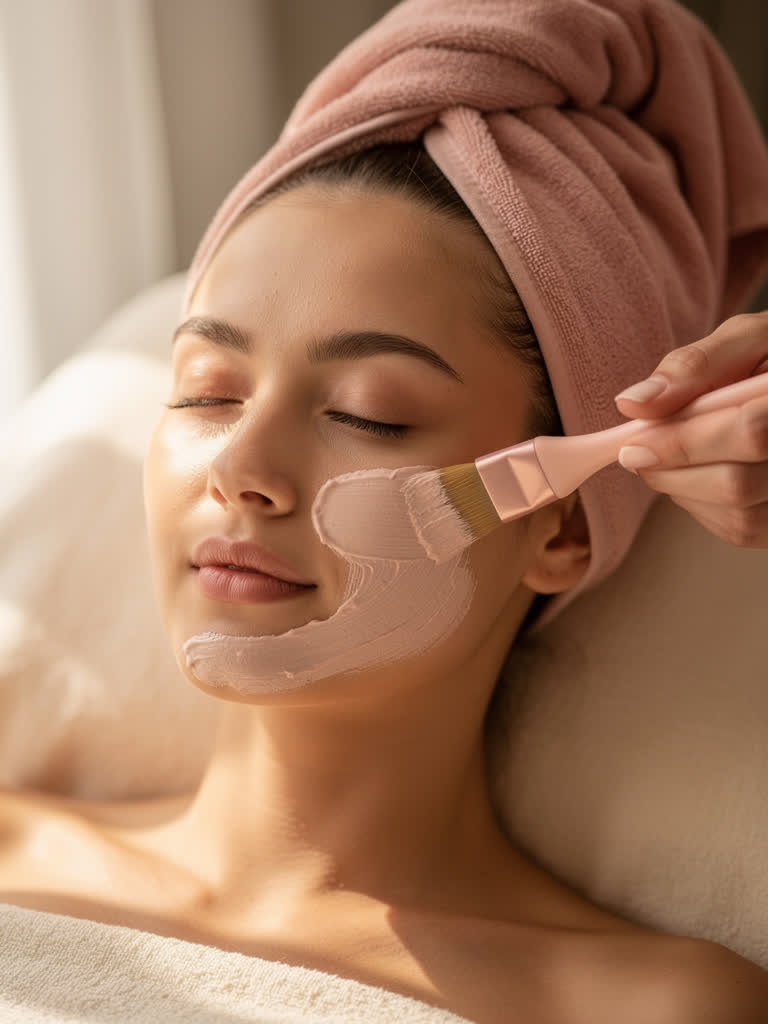 Soin du visage : un masque crème appliqué au pinceau sur une cliente détendue