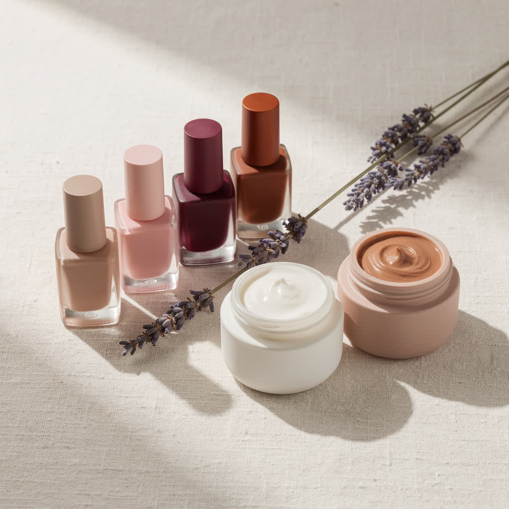 Flacons de vernis et pots de soin sur un linge clair, tons rose et terracotta